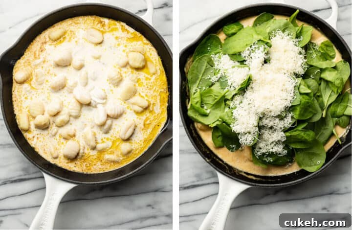 Creamy Lemon Chicken Gnocchi Recipe for Weeknight Dinners 5 cooking gnocchi in a skillet and adding spinach and parmesan