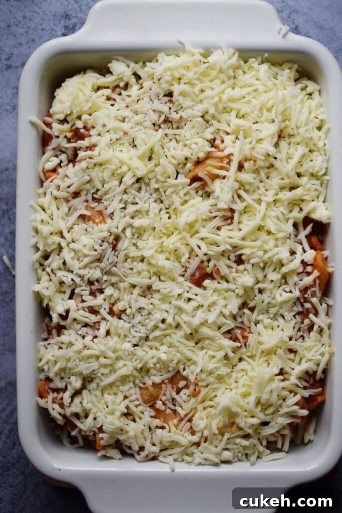 Pasta dish topped with mozzarella cheese.