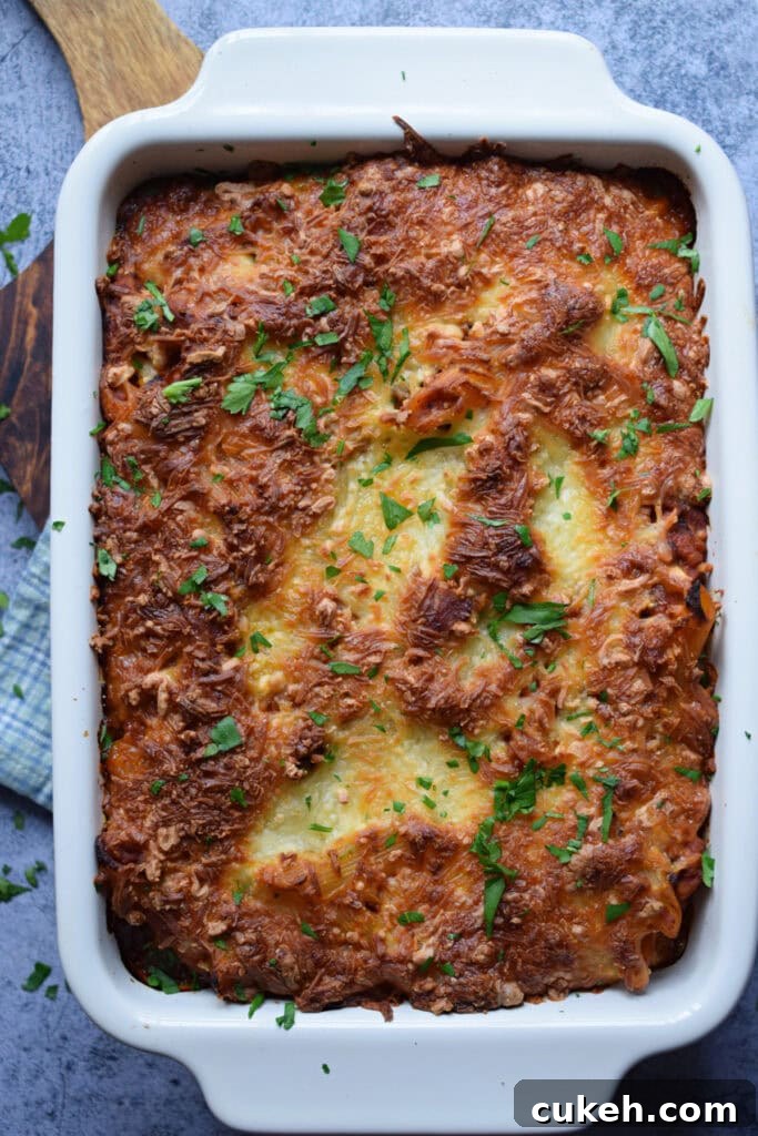 Baked pasta bake with marinara and turkey.
