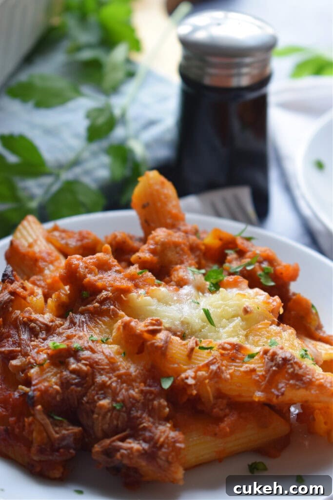 Close up of a pasta dish on a plate.