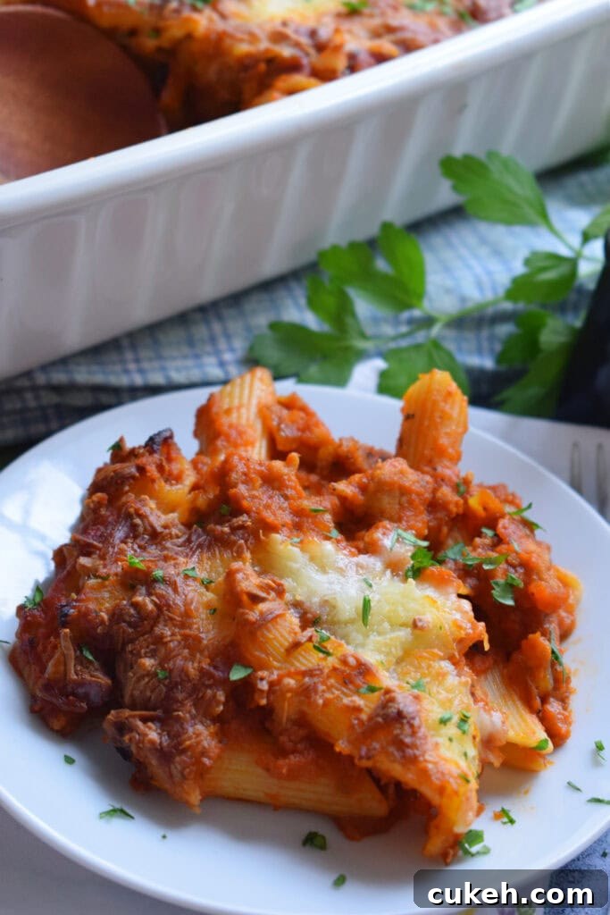 Close up of ground turkey pasta bake.