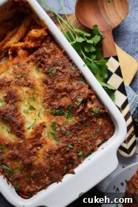 Turkey Pasta in a white casserole dish.