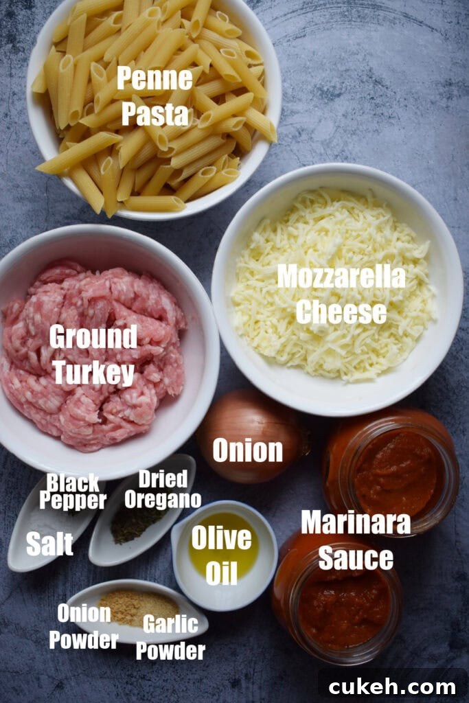 Ingredients to make Ground Turkey Pasta Bake.
