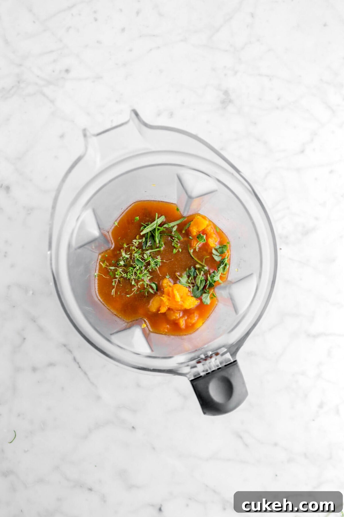 butternut squash, broth, and herbs in blender.