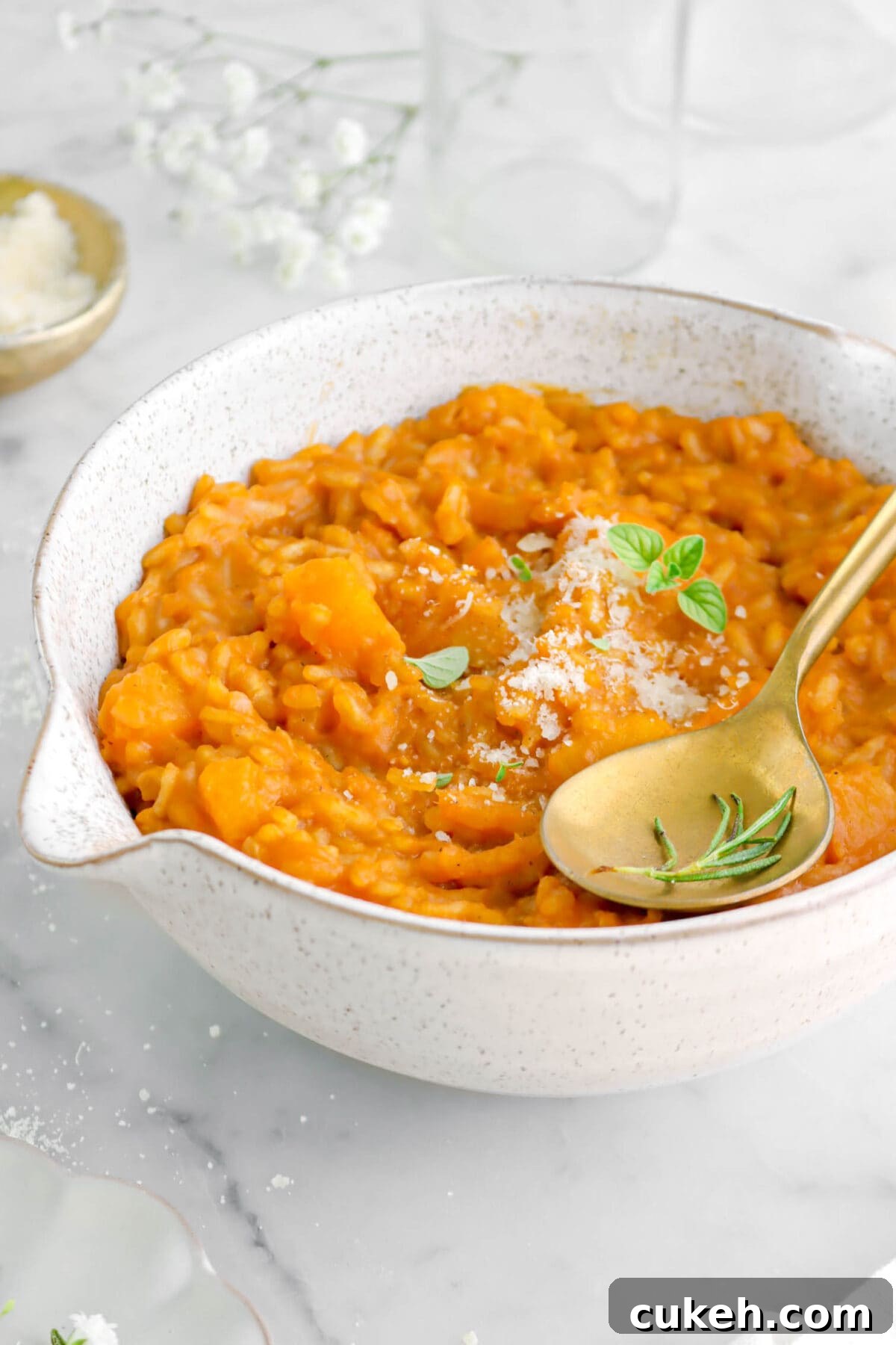 close up of risotto with gold spoon and herbs on top.