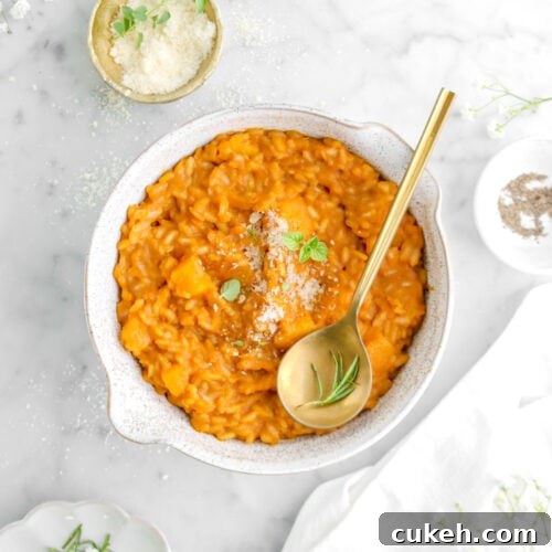 butternut squash risotto in bowl with gold spoon on top, a bowl of grated cheese beside, a glass of wine, and white napkin.