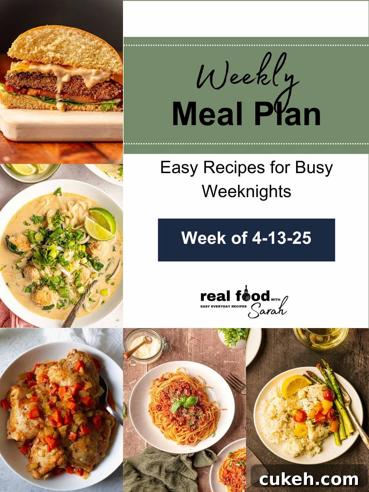Real Food with Sarah weekly meal plan collage for the week of April 13.