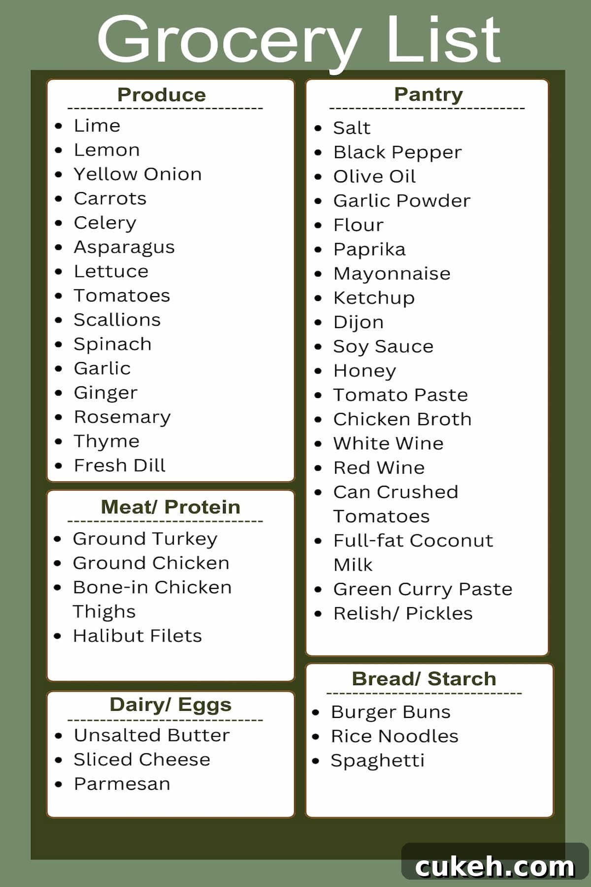 Printable grocery list with ingredients for April 13, 2025 meal plan.