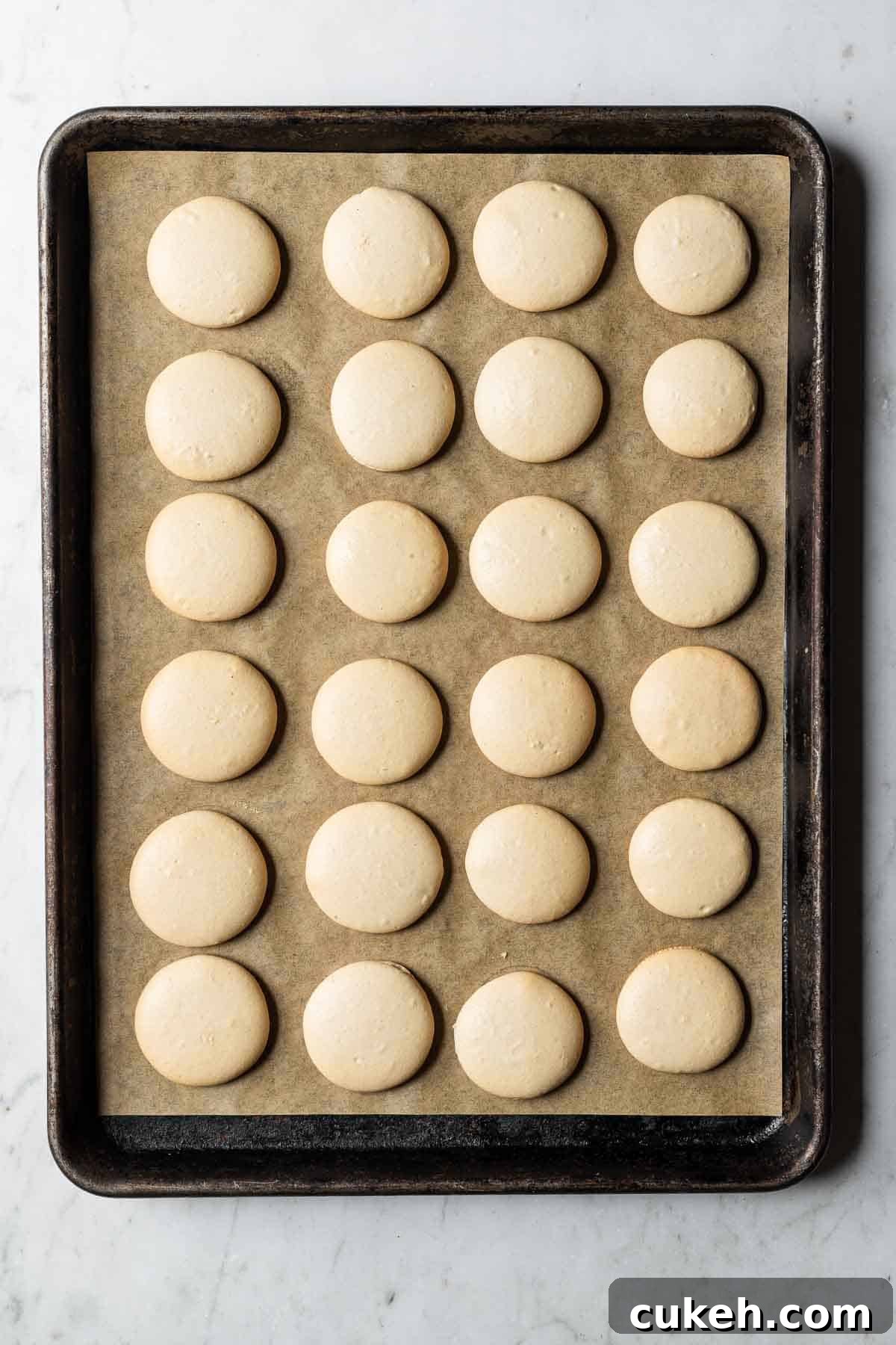 Baked macaron shells on a parchment lined baking sheet.