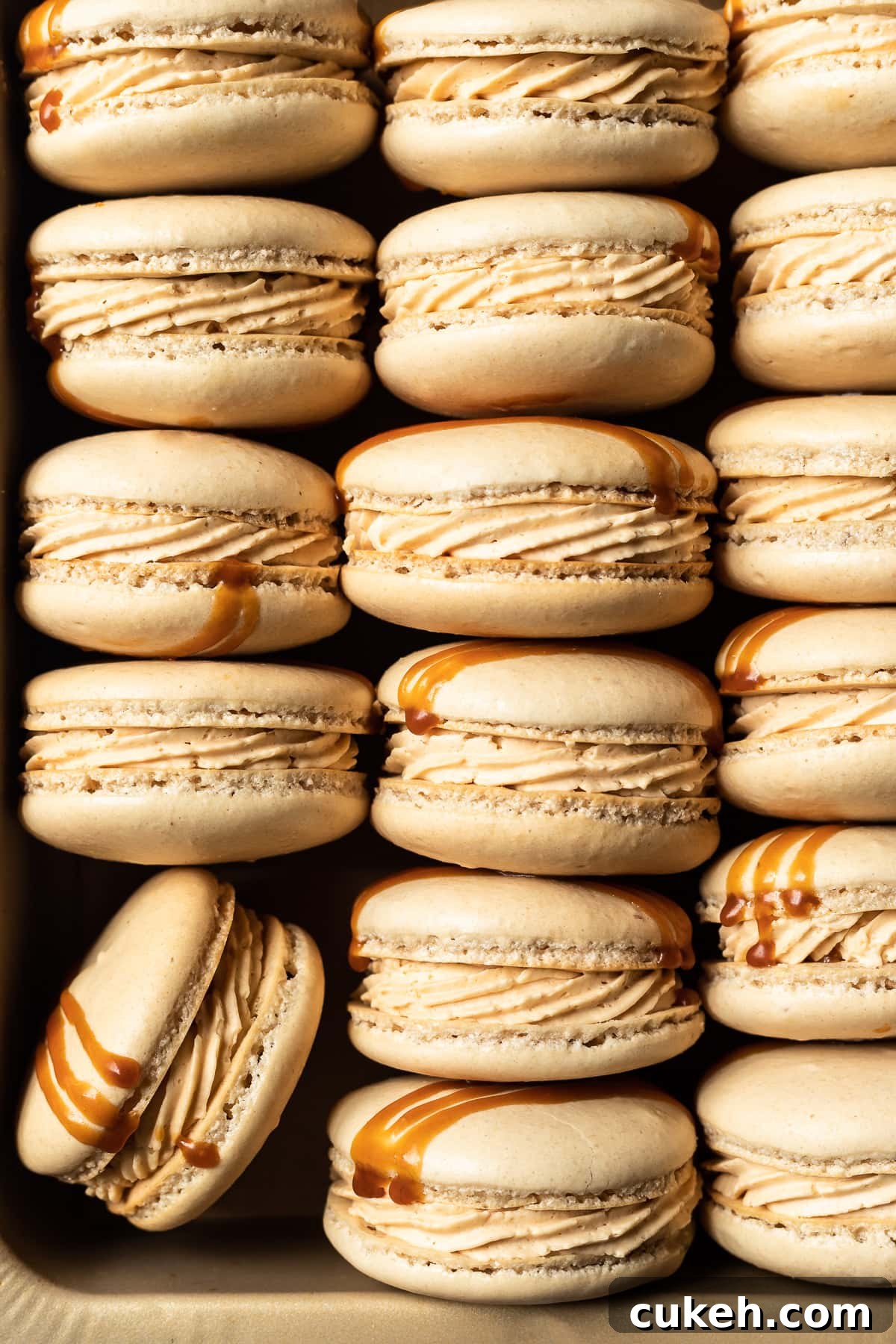 Macarons lined up in columns in a gold pan.