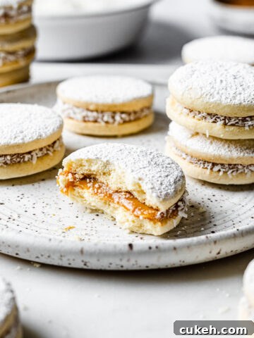 Alfajores de maicena on a white speckled plate. One cookie is partially eaten, showing the dulce de leche filling..