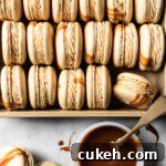 Close up view of salted caramel macarons tipped on their side and nestled into a gold metal pan. A small bowl of salted caramel is at the bottom right of the frame with a vintage gold spoon in it. Caramel drips are on the white marble background surface.