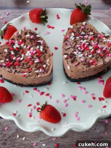 2 Valentine's Day Chocolate Strawberry Cheesecakes on a white cake platter with strawberries and heart sprinkles