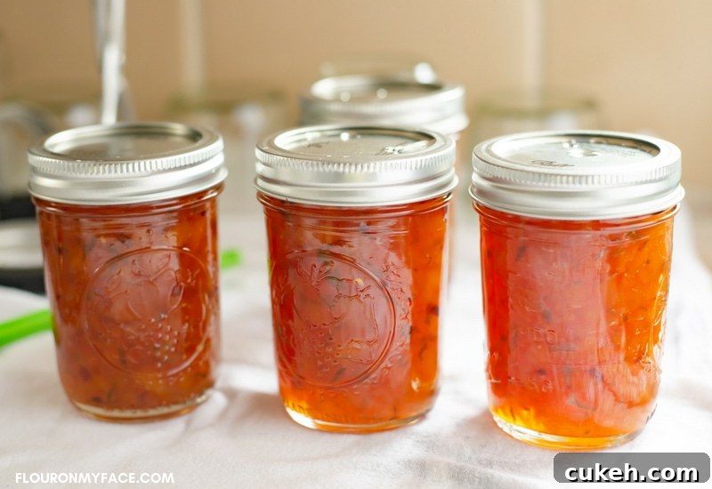 Canning jars filled with freshly made Spicy Peach Lime Chutney.