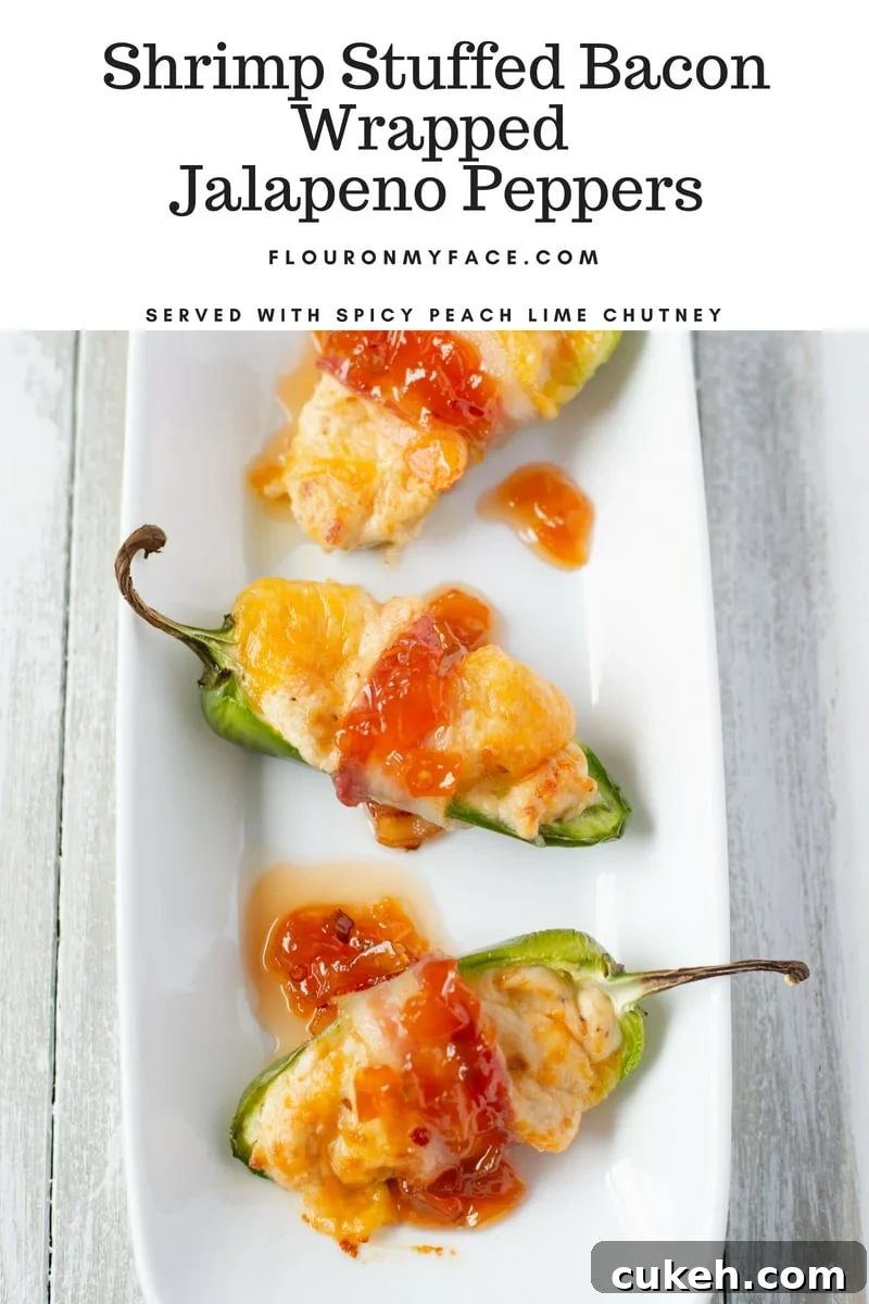 Serve Shrimp Stuffed Bacon Wrapped Jalapeno Peppers with homemade Spicy Peach Lime Chutney