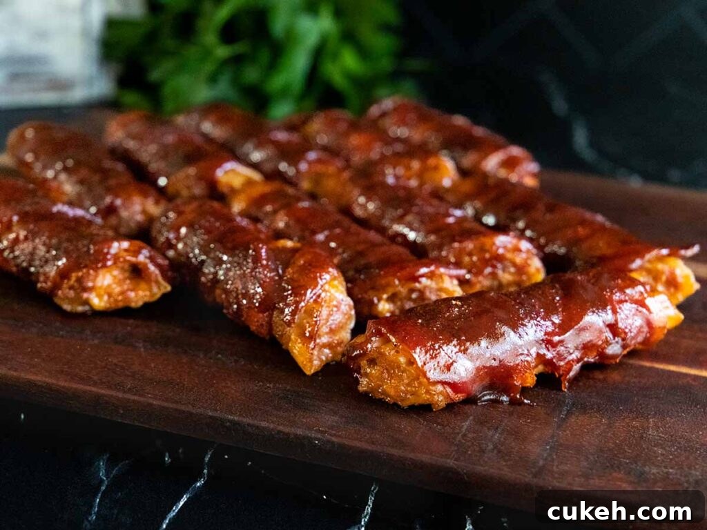 Smoked Shotgun Shells: Savory Sausage-Stuffed Appetizer Recipe 10 Smoked shotgun shells on a brown cutting board.