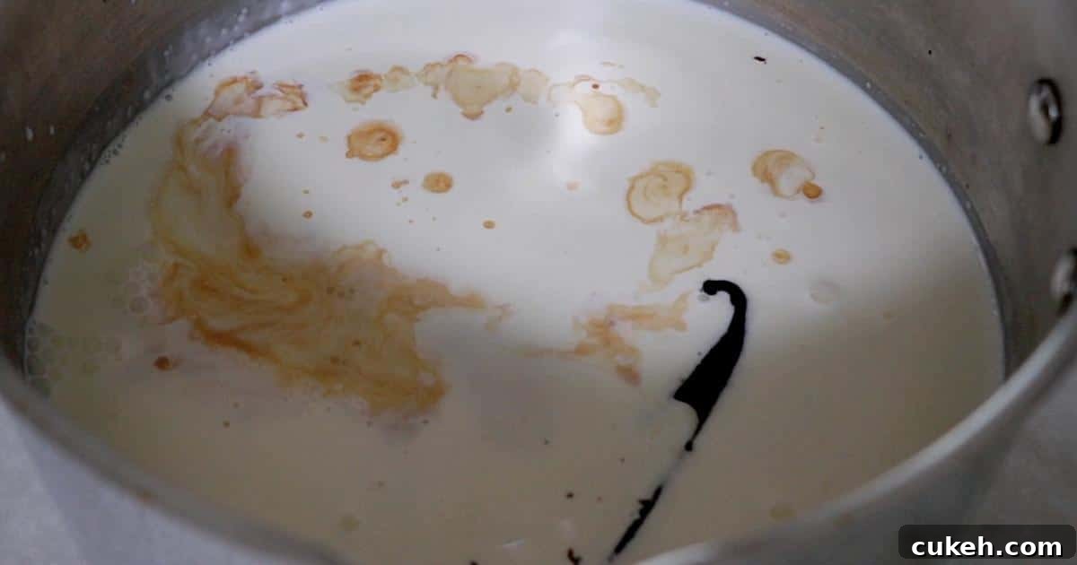 milk, cream, sugar, and vanilla in a pot