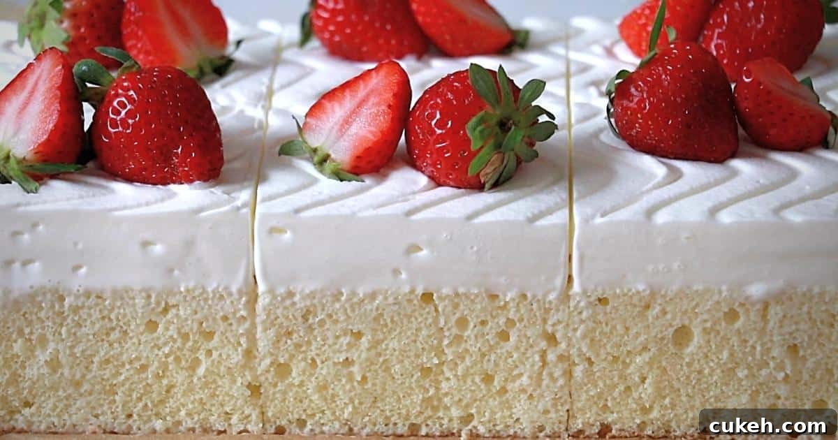 tres leches cakes with strawberries on top, a view from a side