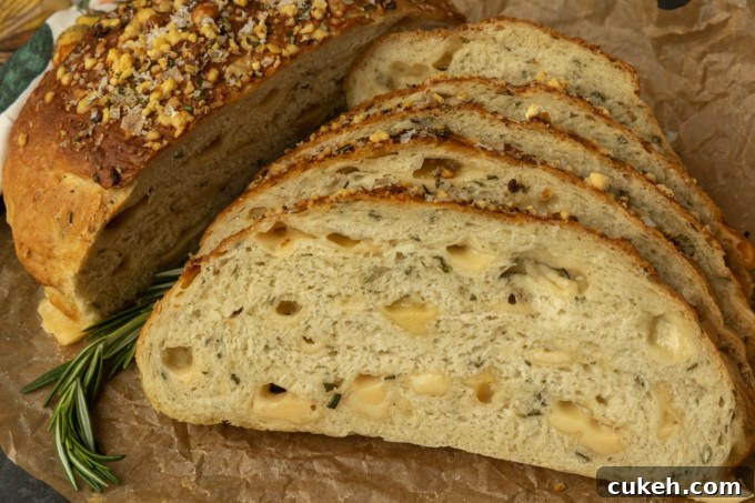 partially sliced one hour rosemary parmesan bread on parchment paper