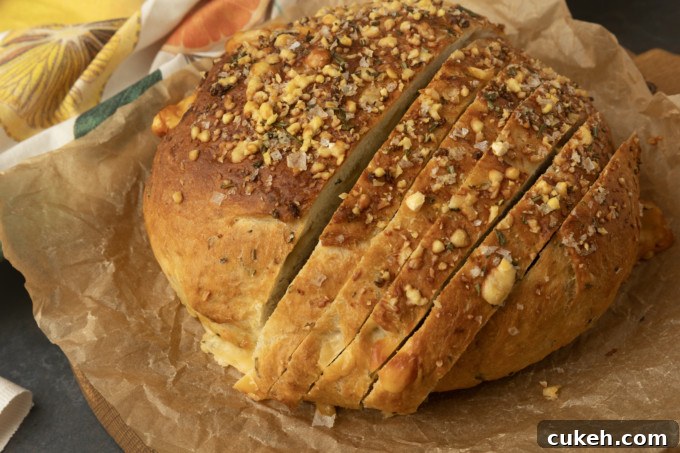 partially sliced one hour rosemary parmesan bread on parchment paper