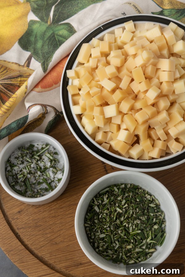 cubed parmesan, minced rosemary, and rosemary salt