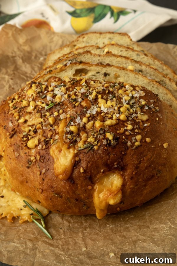 partially sliced rosemary Parmesan bread on parchment with a tea towel