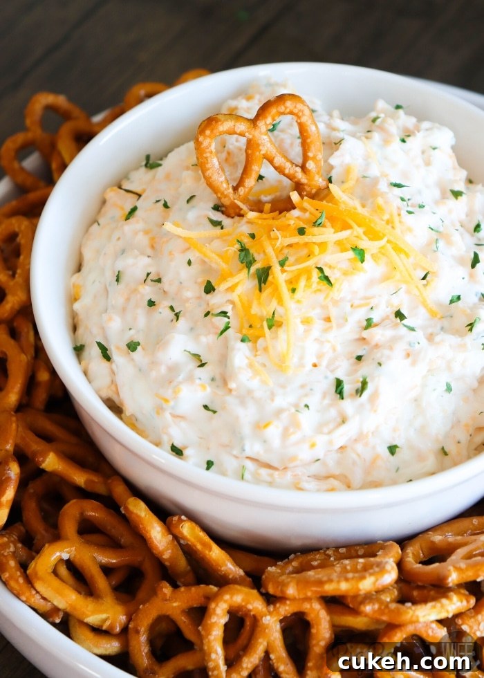 Ranch Beer Cheese Dip in a white bowl, surrounded by mini pretzels