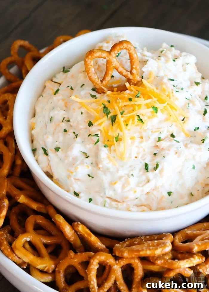 Ranch Beer Cheese Dip in a white bowl, surrounded by mini pretzels