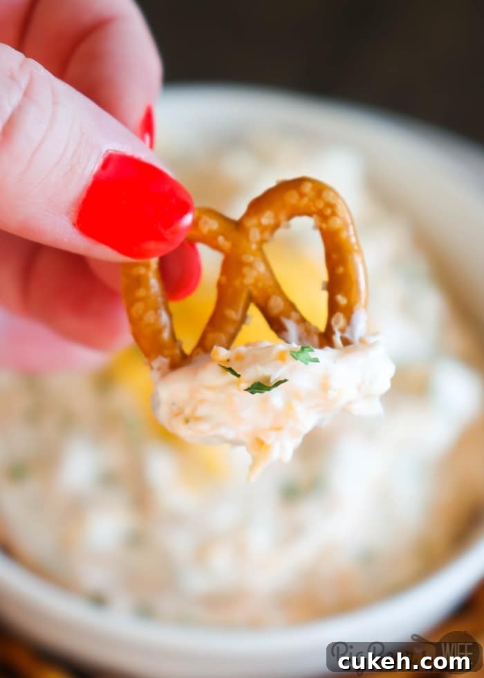 Ranch Beer Cheese Dip on a pretzel