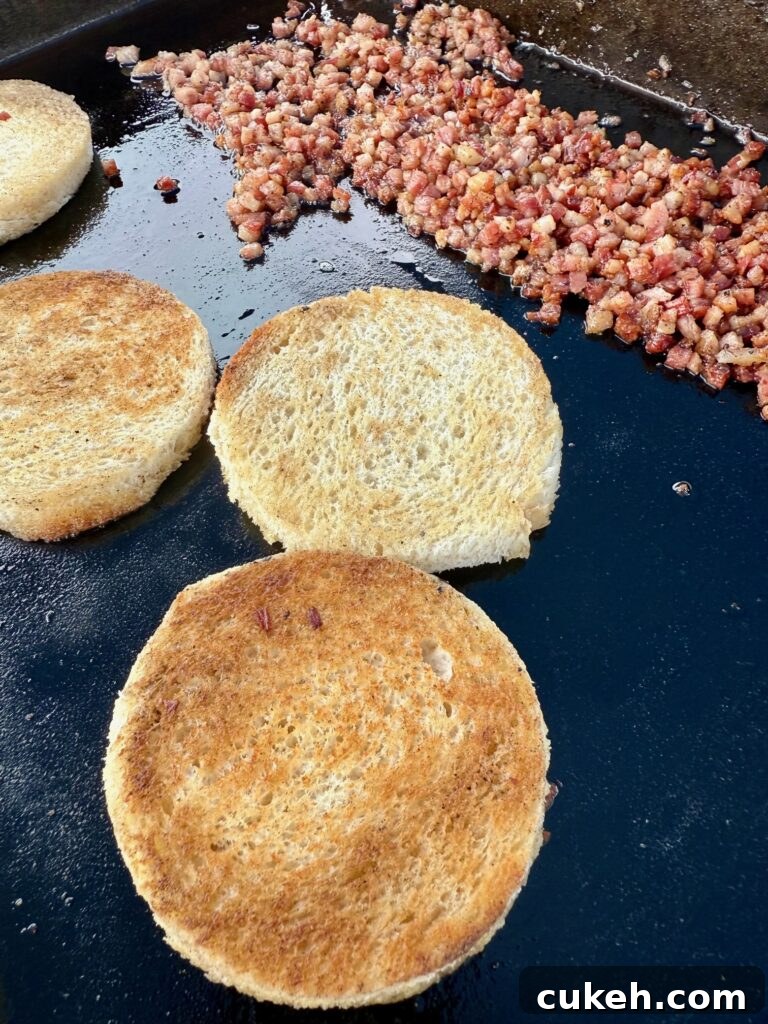 Mediterranean Breakfast Sandwiches on the Blackstone Grill 6 toasting bread on the griddle