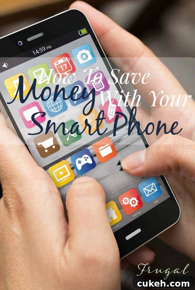 Image shows two hands holding a smart phone with two thumbs tapping the screen. Text overlay reads 'How to Save Money with Your Smartphone'