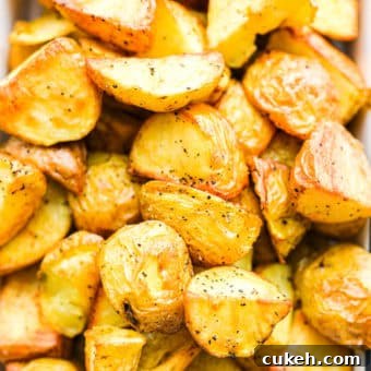 a close up of a small baking dish filled with crispy roasted potatoes