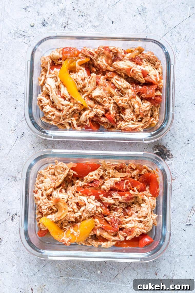 Instant Pot Chicken Fajitas — Quick Weeknight Recipe (Video) 4 two glass meal storage containers filled with instant pot chicken fajitas filling