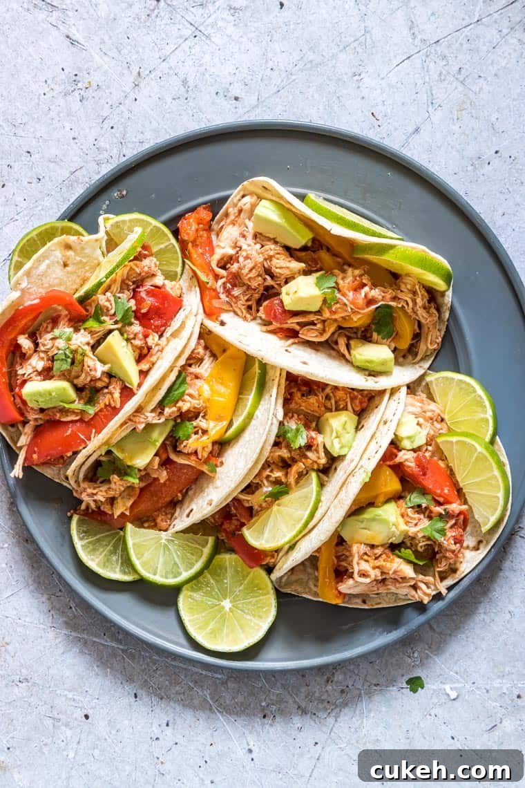 Instant Pot Chicken Fajitas — Quick Weeknight Recipe (Video) 5 instant pot fajitas on a blue plate