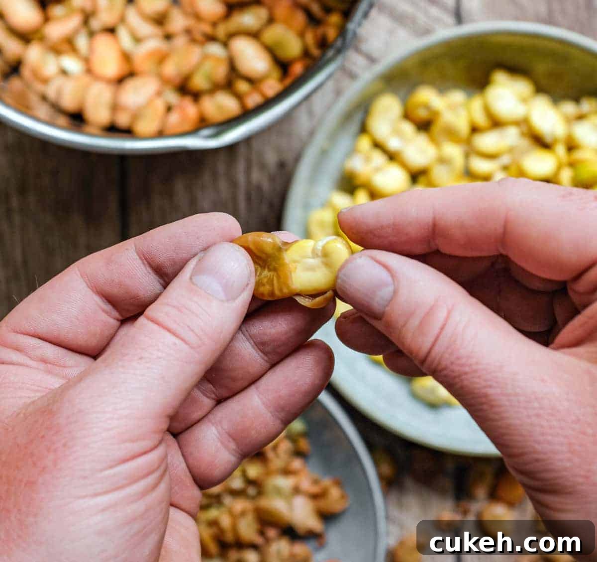 Hands showing how to slip the skin off a fava bean.