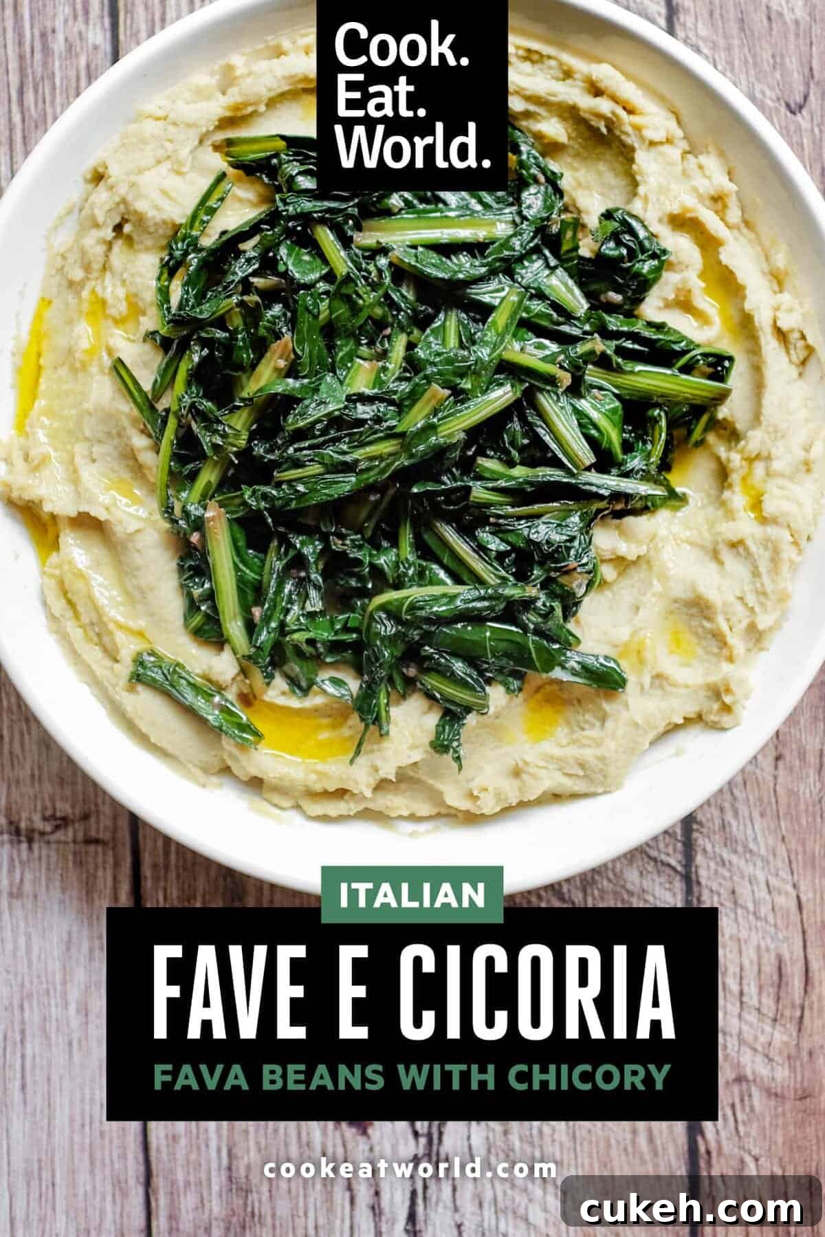 A large platter of fava bean puree with bitter greens (fave e cicoria)