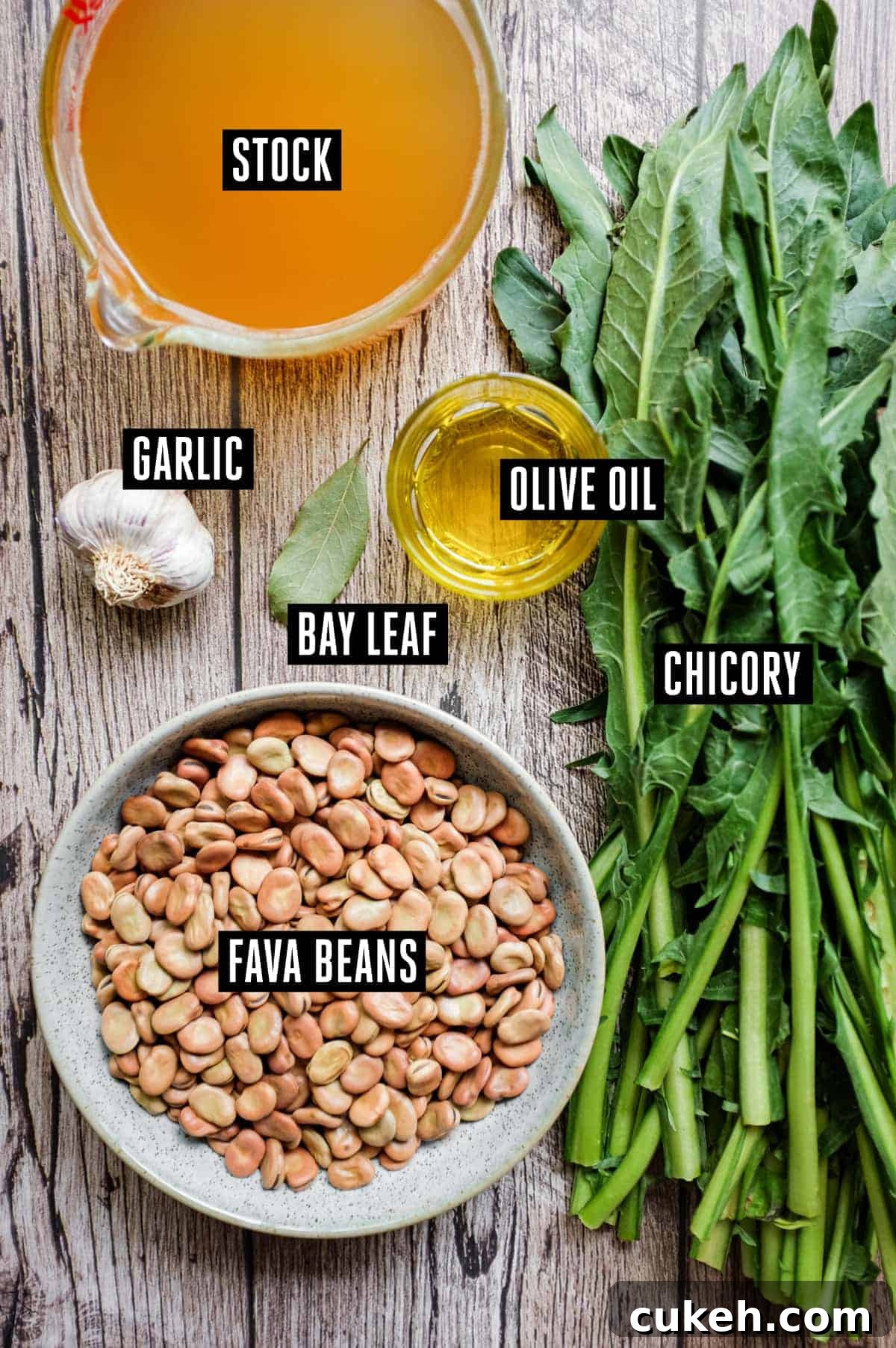 The ingredients for fave e cicoria (fava bean puree with chicory). Stock, garlic, bay leaf, chicory, olive oil, and fava beans