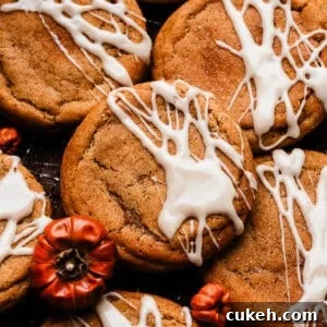 A close-up of the chewy pumpkin cookies with maple glaze.