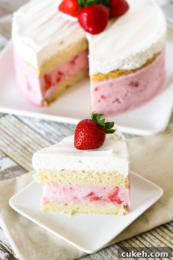 Gluten Free Vegan Strawberry Ice Cream Cake. Layers of vanilla cake, So Delicious Dairy Free strawberry ice cream and creamy Cocowhip. A gorgeous frozen treat!