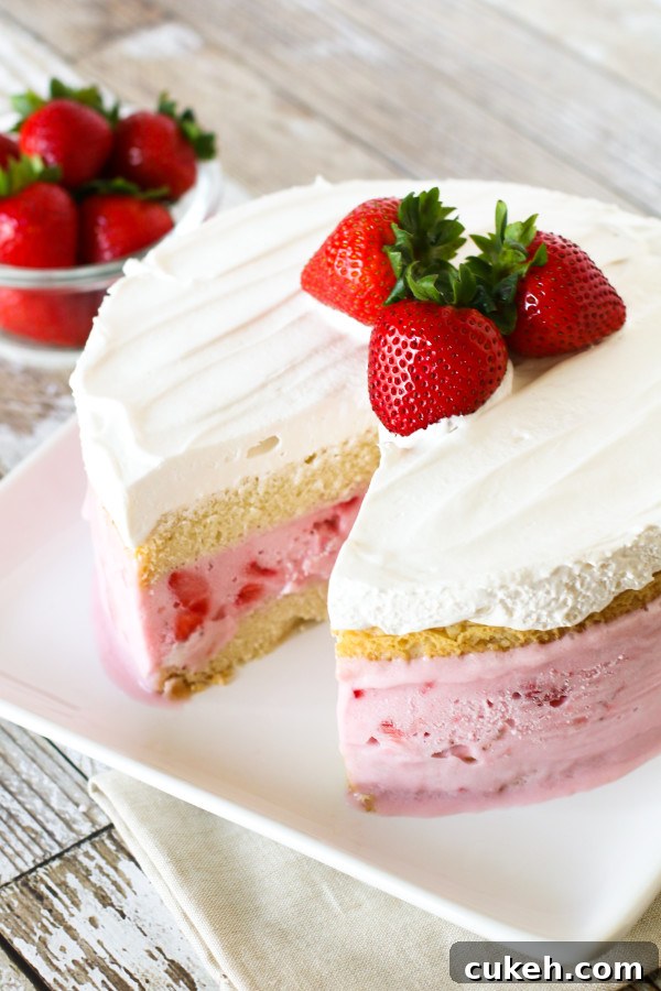 Gluten Free Vegan Strawberry Ice Cream Cake. Layers of vanilla cake, So Delicious Dairy Free strawberry ice cream and creamy Cocowhip. A gorgeous frozen treat!
