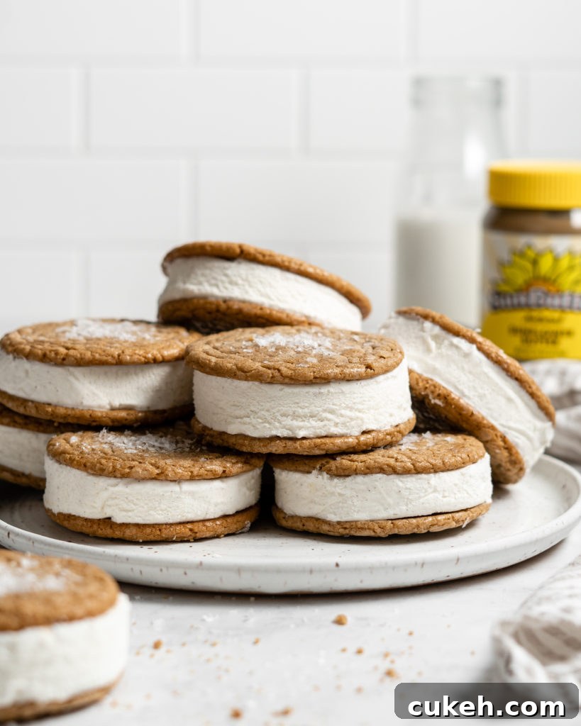 SunButter Cookie Ice Cream Sandwiches using soft sunbutter cookies and vanilla ice cream