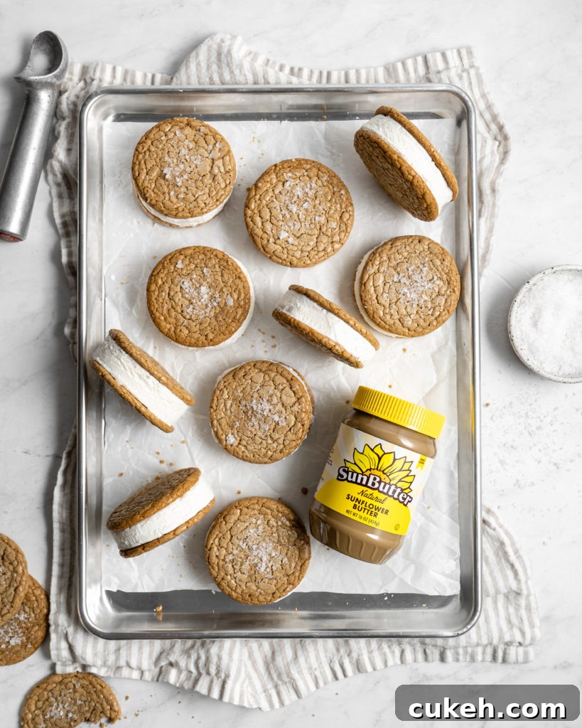 SunButter Cookie Ice Cream Sandwiches using soft sunbutter cookies and vanilla ice cream