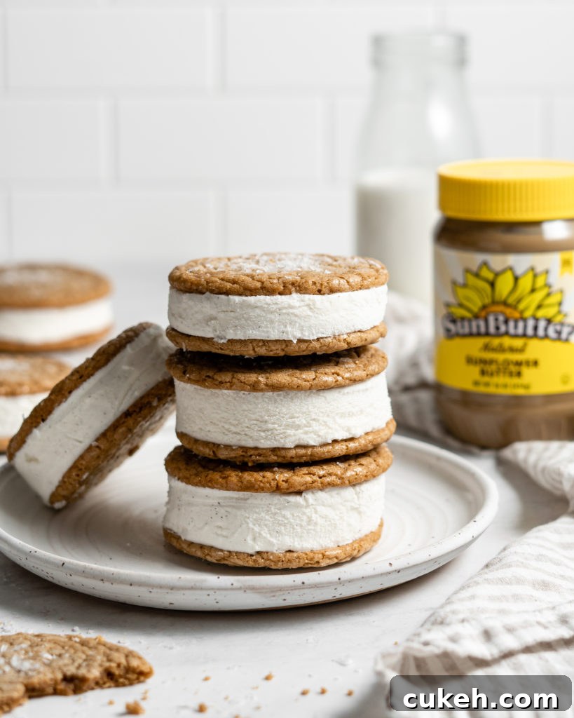 SunButter Cookie Ice Cream Sandwiches using soft sunbutter cookies and vanilla ice cream