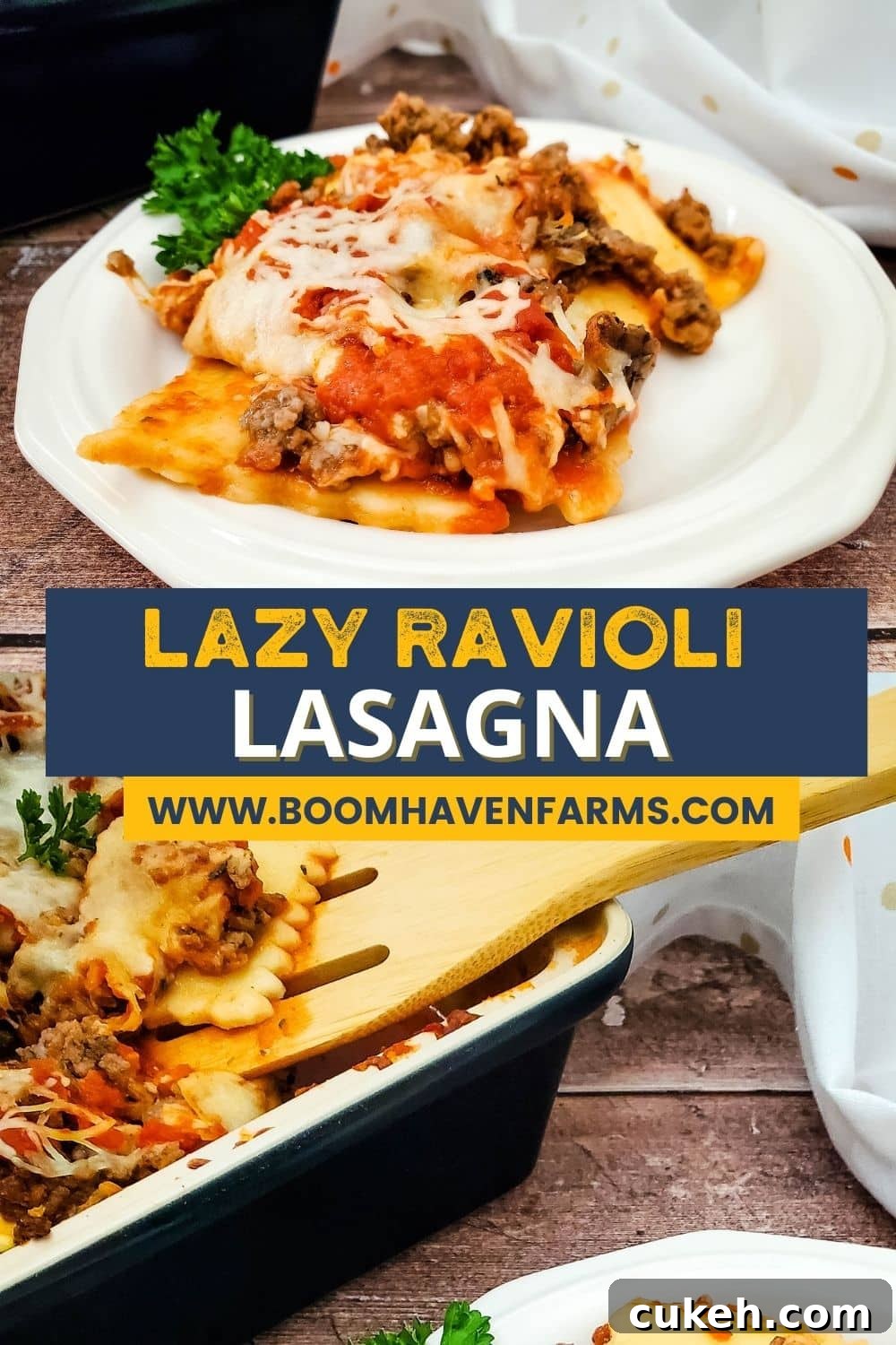 Collage image of lazy lasagna ravioli finished and being served on white dish.
