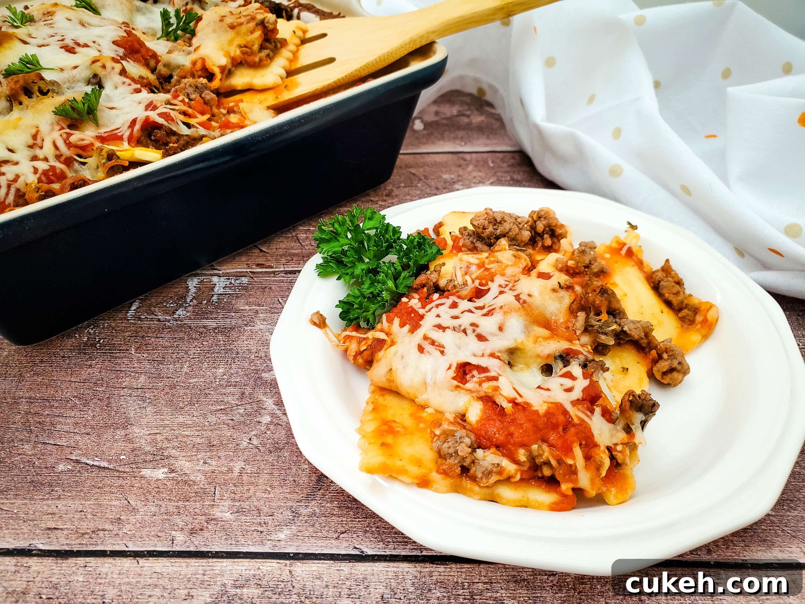 Image of finished frozen ravioli lasagna plated on white dish.