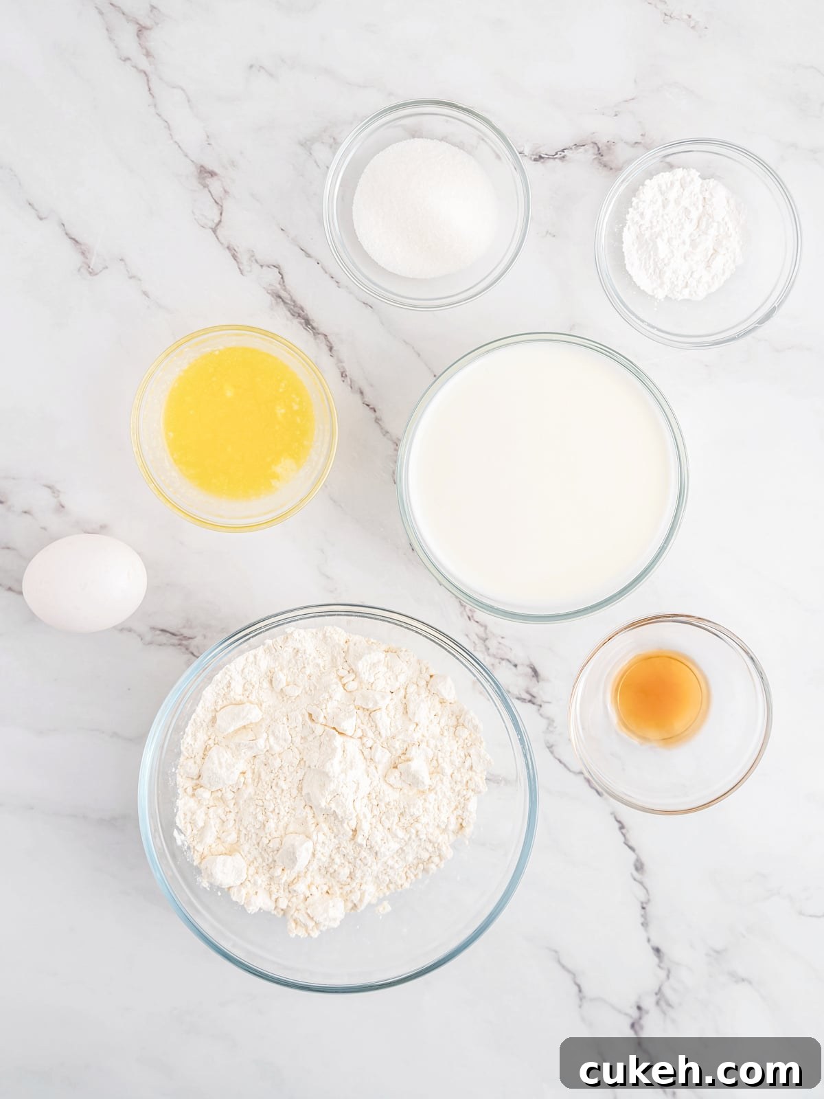 Bunny Pancake ingredients in clear glass bowls