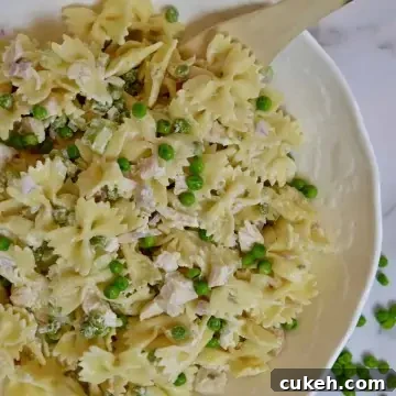 Rotisserie Chicken Pasta salad in a white bowl