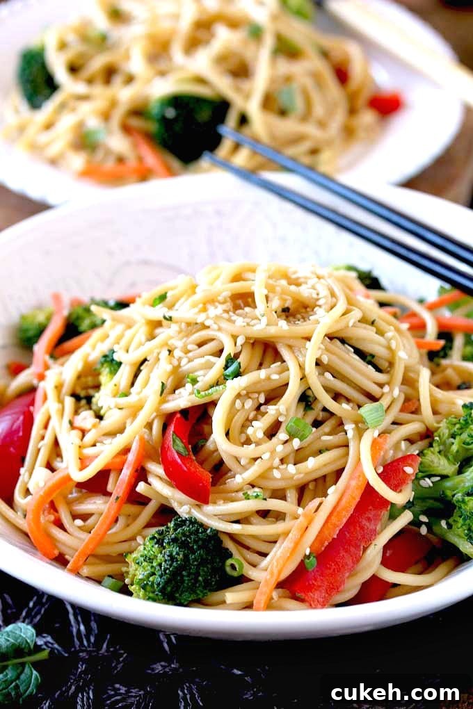A bowl filled with Sesame Noodles with veggies.