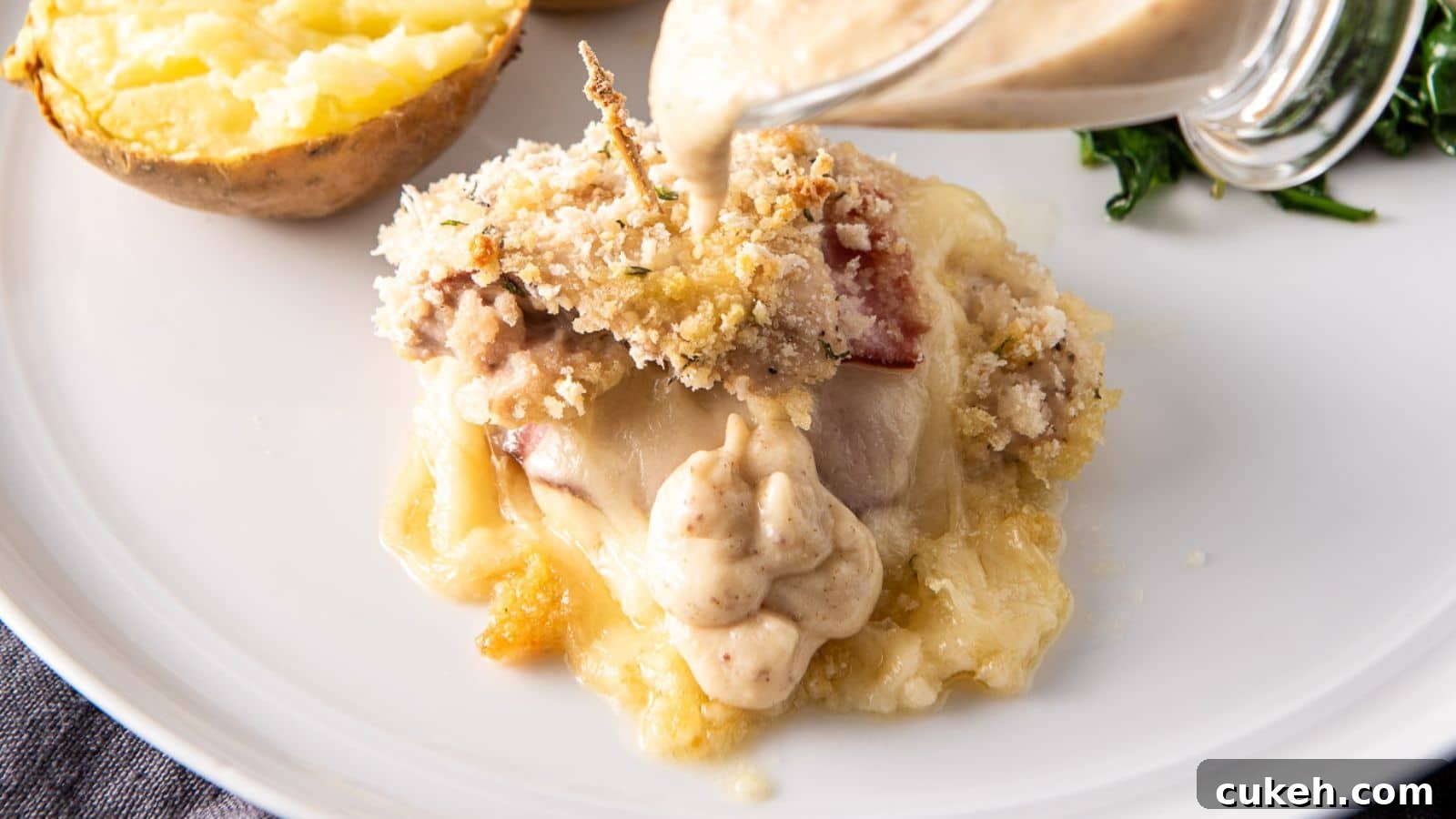Crispy Baked Chicken Cordon Bleu Recipe for Weeknight Dinners 3 sauce being poured on the chicken stuffed with ham and cheese