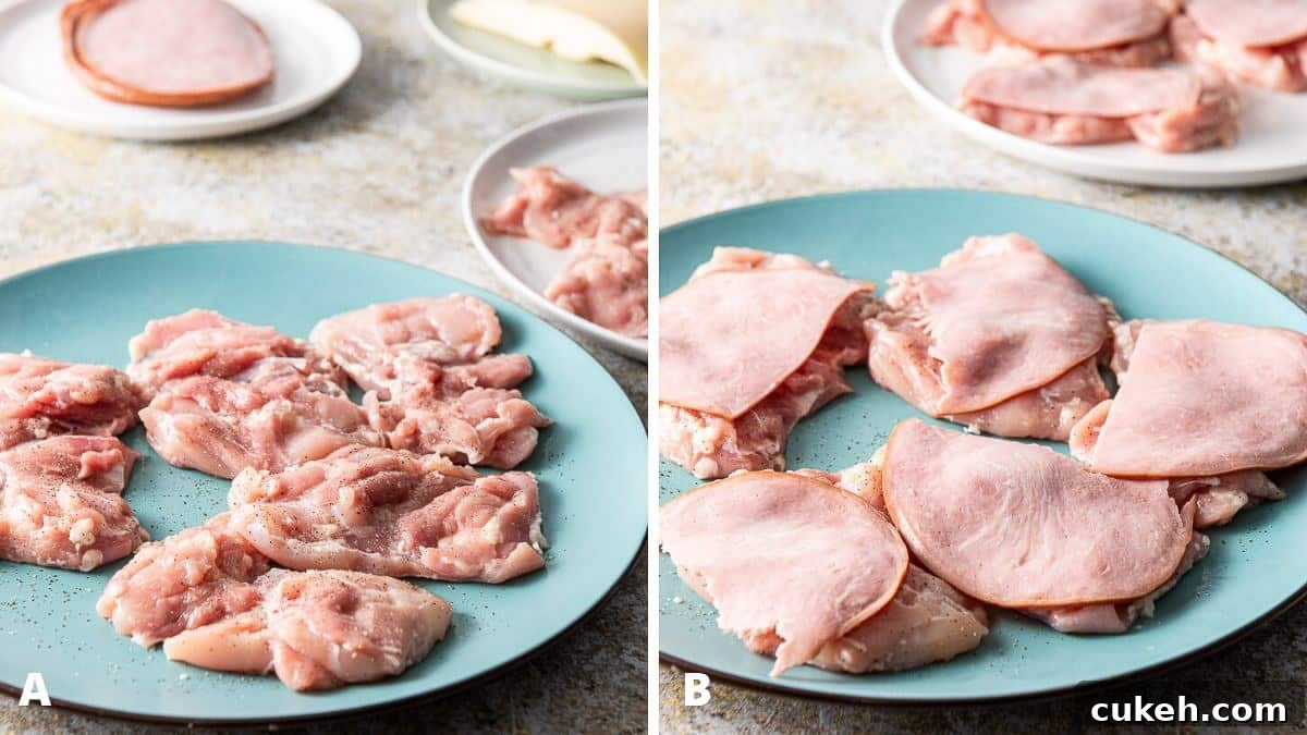 Crispy Baked Chicken Cordon Bleu Recipe for Weeknight Dinners 5 Chicken and ham together on the blue plate